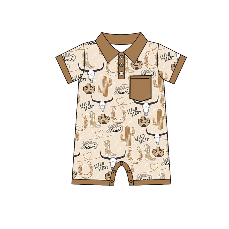 Short sleeves cactus bull skull pocket boys polo romper