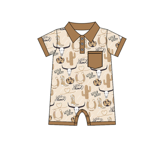 Short sleeves cactus bull skull pocket boys polo romper