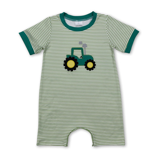 Short sleeves green stripe tractor baby boy romper ship from US