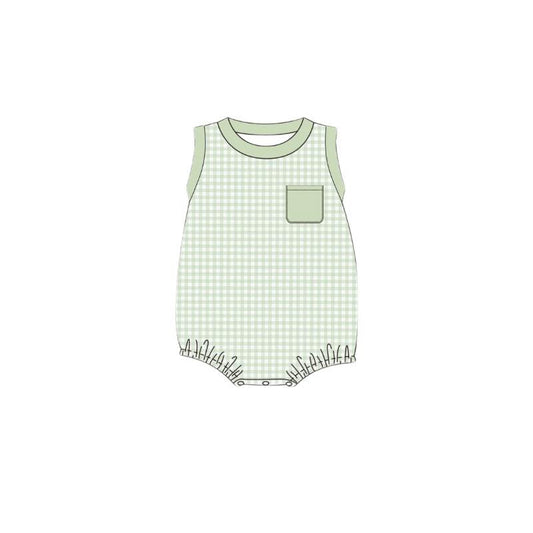 Sleeveless mint plaid pocket baby boy romper