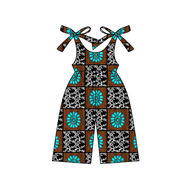 Straps turquoise cow print western girls jumpsuit