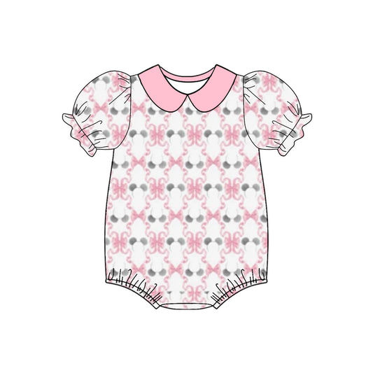 Short sleeves pink bow mouse baby girls romper