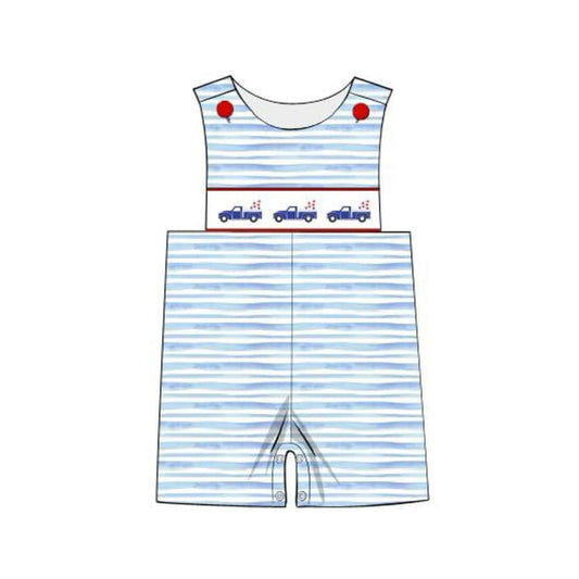 Sleeveless blue truck stars baby boy 4th of july romper