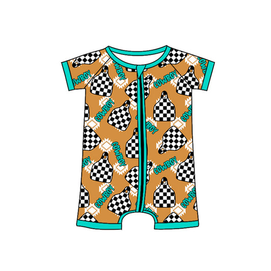 Short sleeves cowboy plaid tag baby boy zipper romper