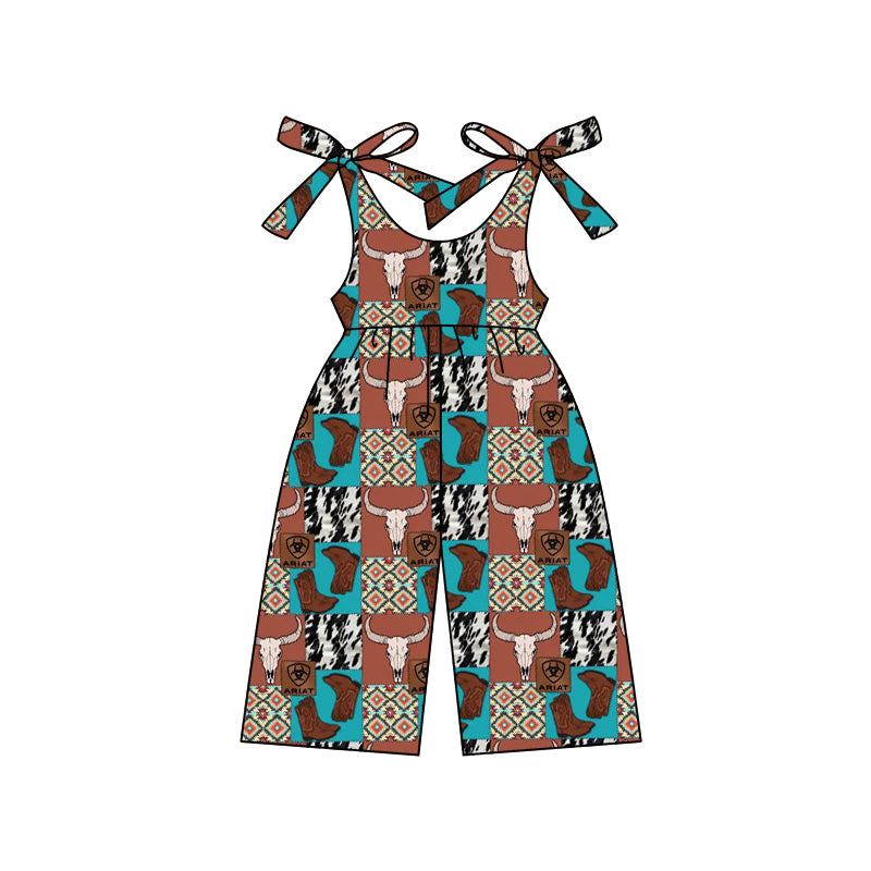 Straps boots bull skull western baby girls jumpsuit