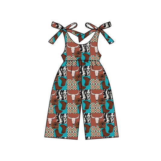 Straps boots bull skull western baby girls jumpsuit