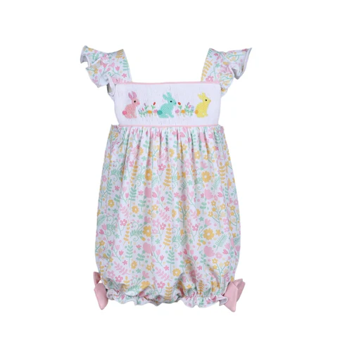 Flutter sleeves floral bunny baby girls Easter romper