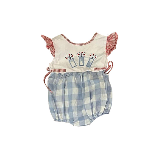 Flutter sleeves firework plaid baby girls 4th of july romper