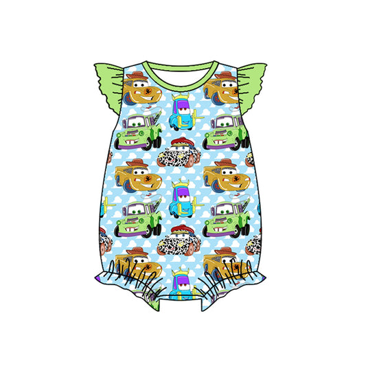 Green flutter sleeves cars toy baby girl summer romper