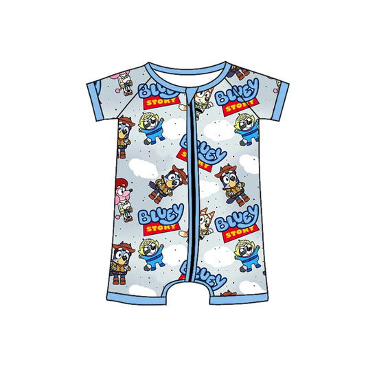 Short sleeves blue dog story baby boy zipper romper