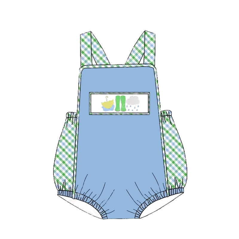 Light blue rain boots umbrella baby boy romper