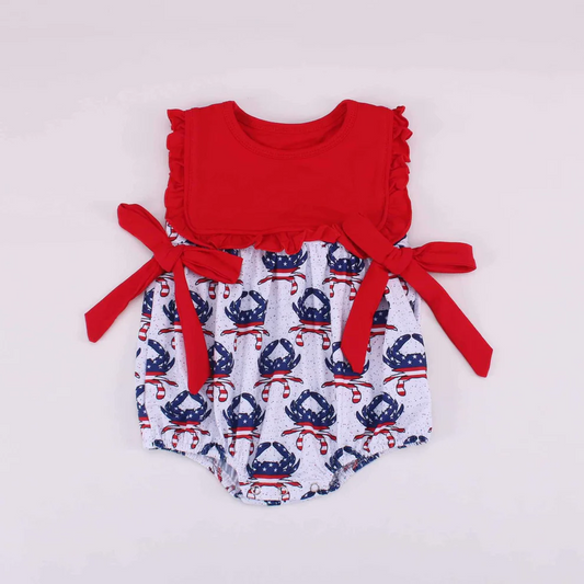 Red ruffle stars stripe crabs baby girls 4th of july romper