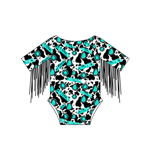 Cowgirl turquoise cow print tassels western baby romper