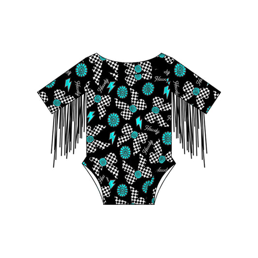 Turquoise plaid bow howdy tassels western baby romper