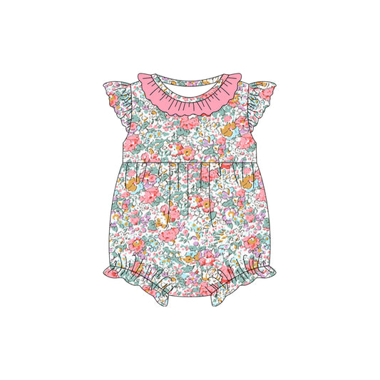 Peach ruffle flutter sleeves floral baby girls romper