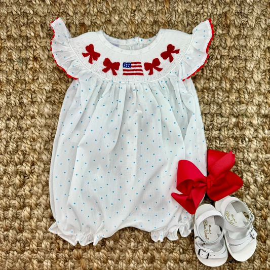 Flag bow polka dots baby girls 4th of july romper