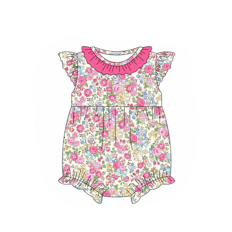 Hot pink ruffle floral flutter sleeves baby girls romper