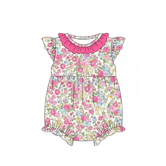 Hot pink ruffle floral flutter sleeves baby girls romper