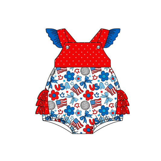 Flutter sleeves floral USA flag bow baby 4th of july romper