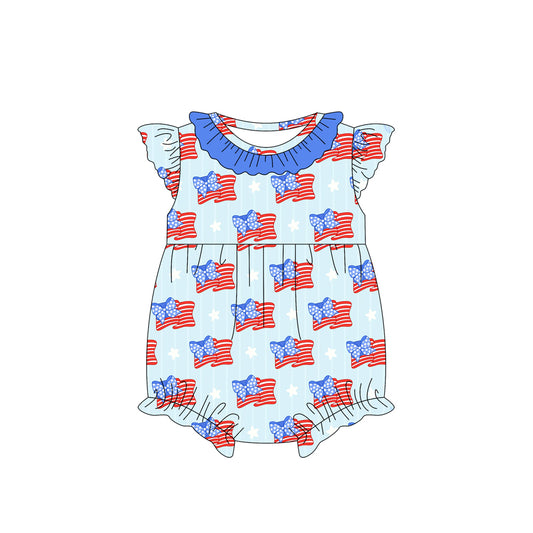Flutter sleeves ruffle bow flag baby girls 4th of july romper