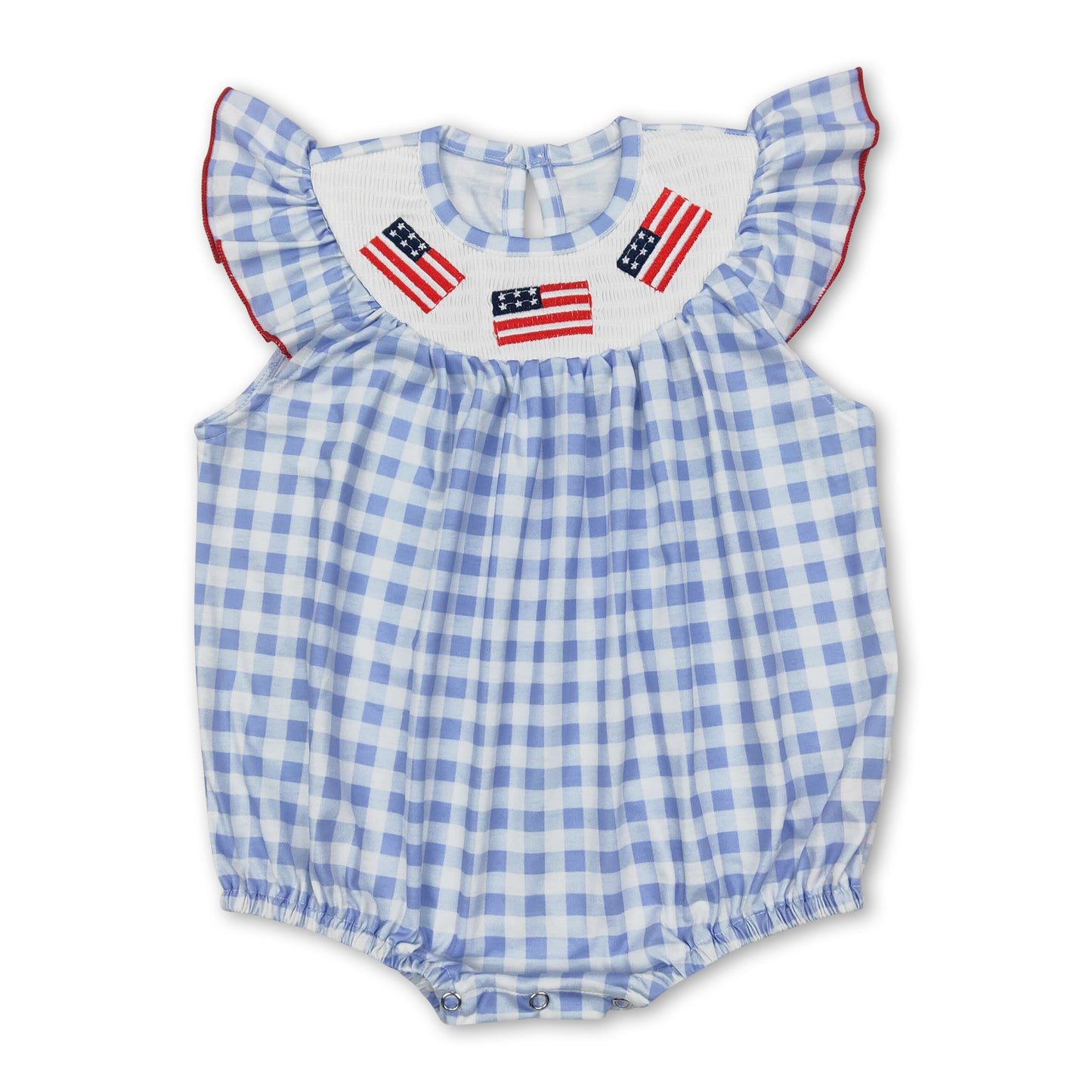 Light blue plaid flag smocked baby girls 4th of july romper