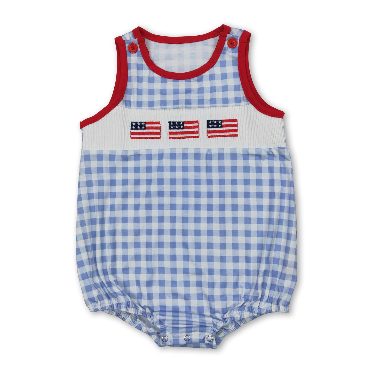Light blue plaid flag smocked baby boys 4th of july romper