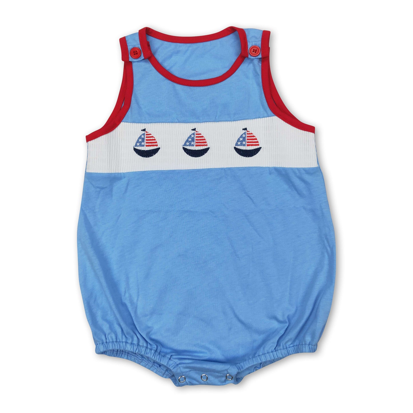 Light blue boat smocked baby boys 4th of july romper