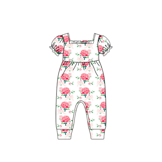 Short sleeves white pink floral baby girls spring romper