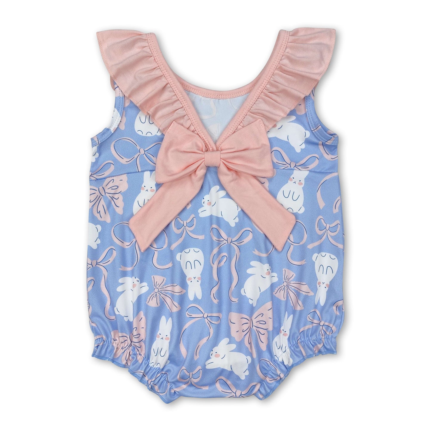 Sleeveless ruffle bunny bow baby girls Easter romper