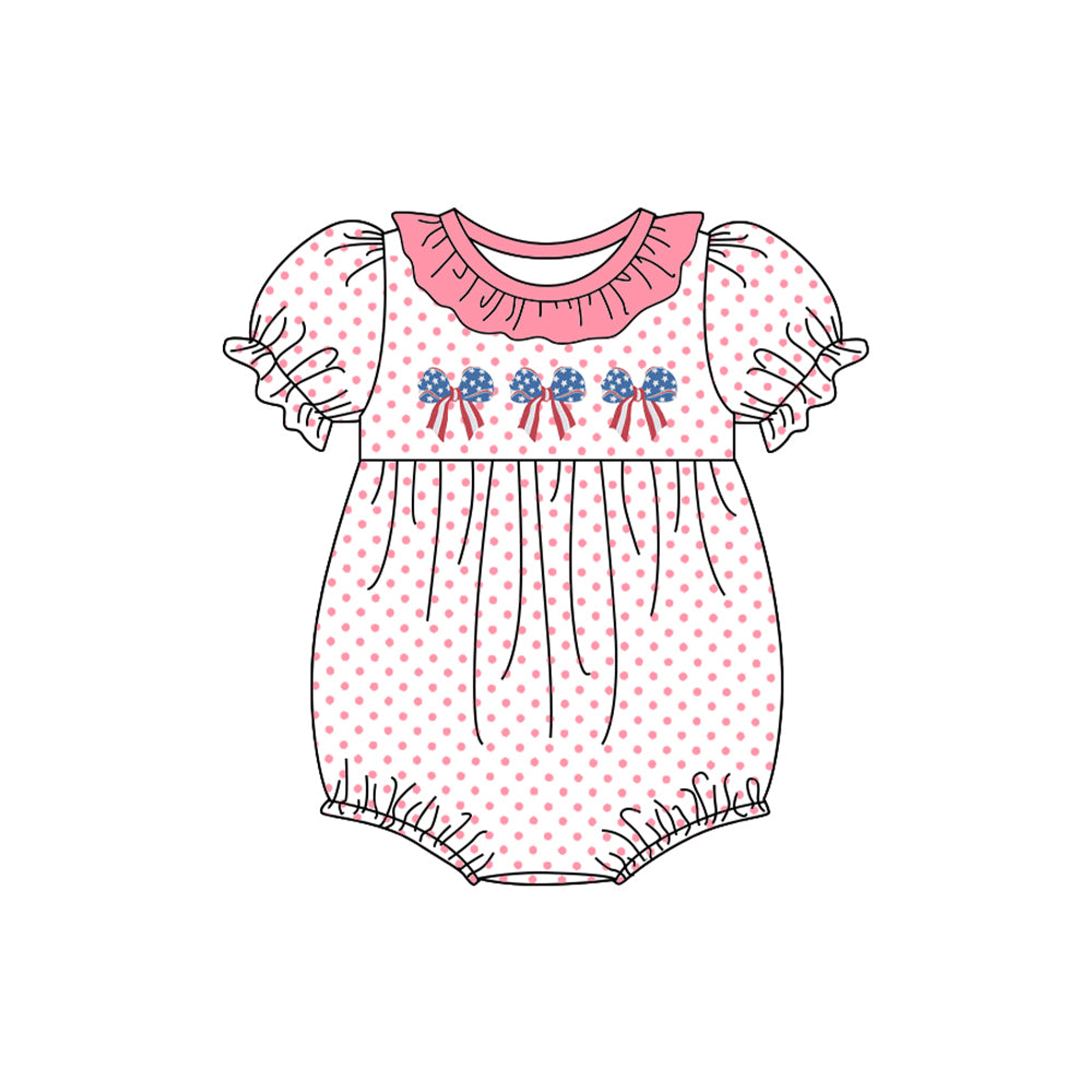 Pink polka dots stars stripe bow girls 4th of july romper