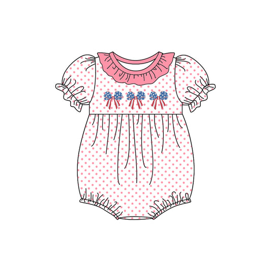 Pink polka dots stars stripe bow girls 4th of july romper