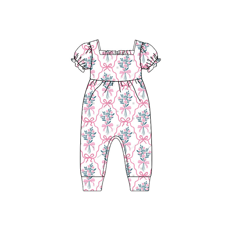 Short sleeves pink bow floral baby girls summer romper