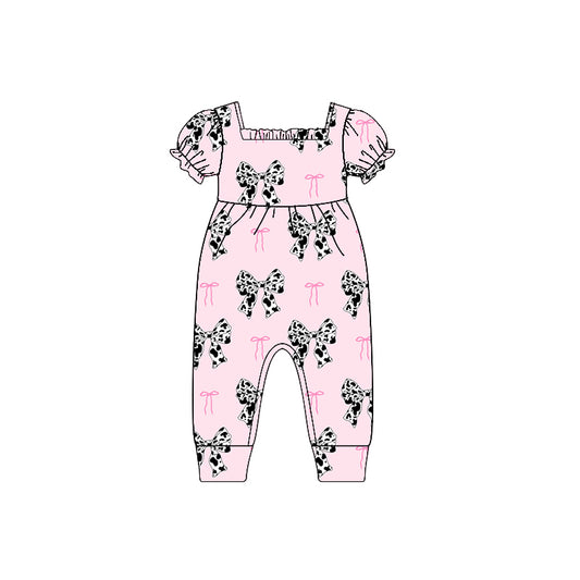 Short sleeves pink cow print bow baby girls summer romper