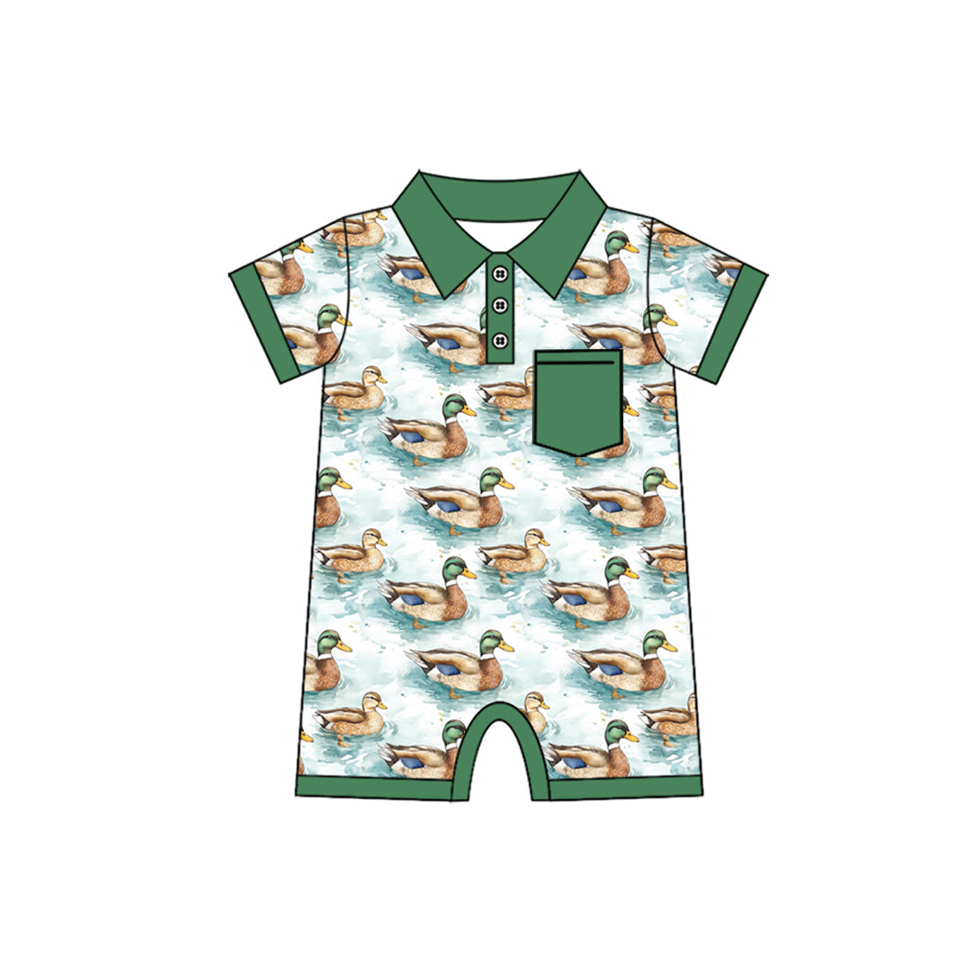 Green short sleeves duck pocket baby boy polo romper