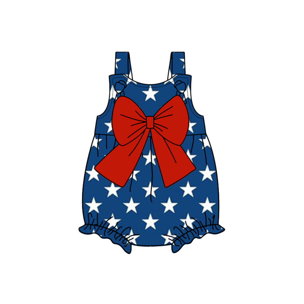 Blue stars strap red bow baby girls 4th of july romper