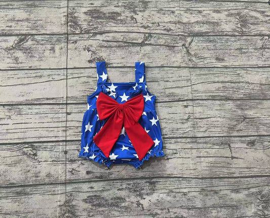 Blue stars strap red bow baby girls 4th of july romper