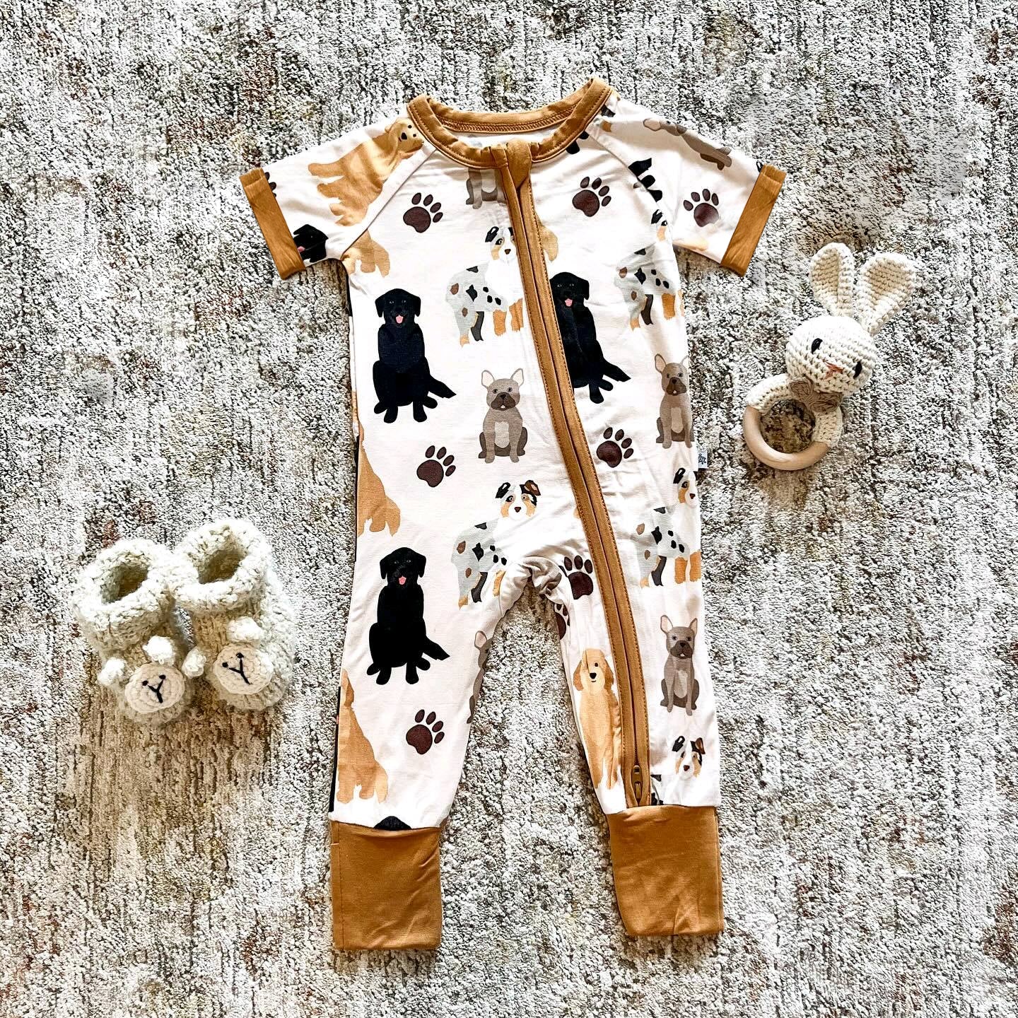 Short sleeves dog baby boy zipper romper