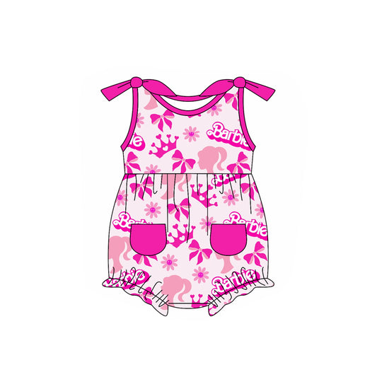 Sleeveless hot pink floral bow party baby girls romper