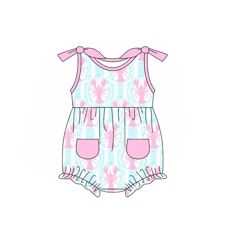 Sleeveless pink pockets crawfish baby girls romper