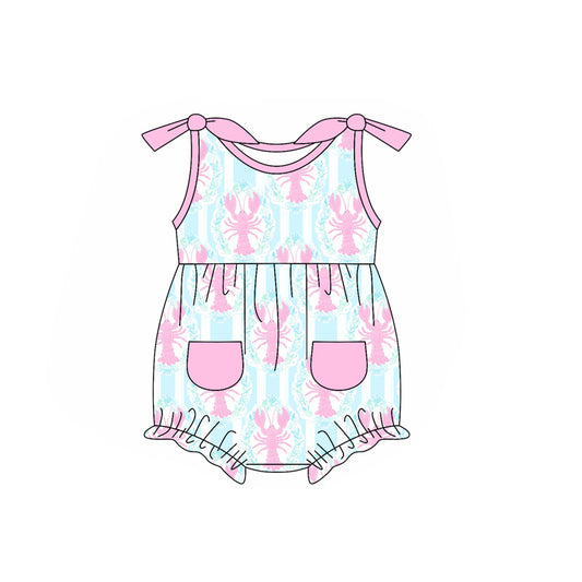 Sleeveless pink pockets crawfish baby girls romper