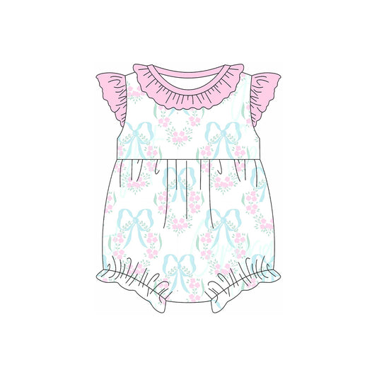 Pink flutter sleeves floral bow baby girls romper