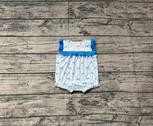 Blue ruffle floral bow stripe baby girls romper