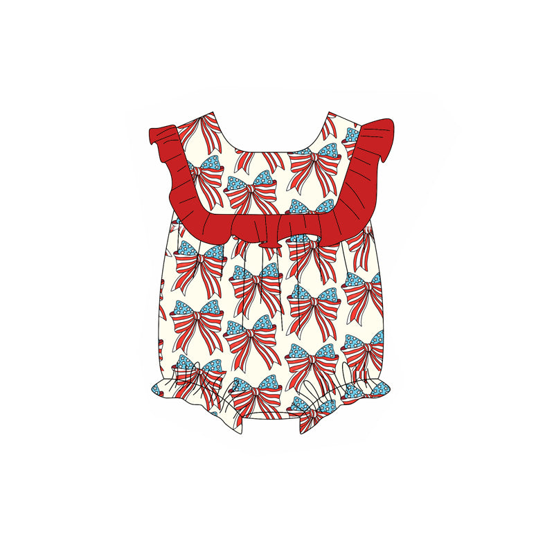 Red ruffle stars stripe bow baby girls 4th of july romper