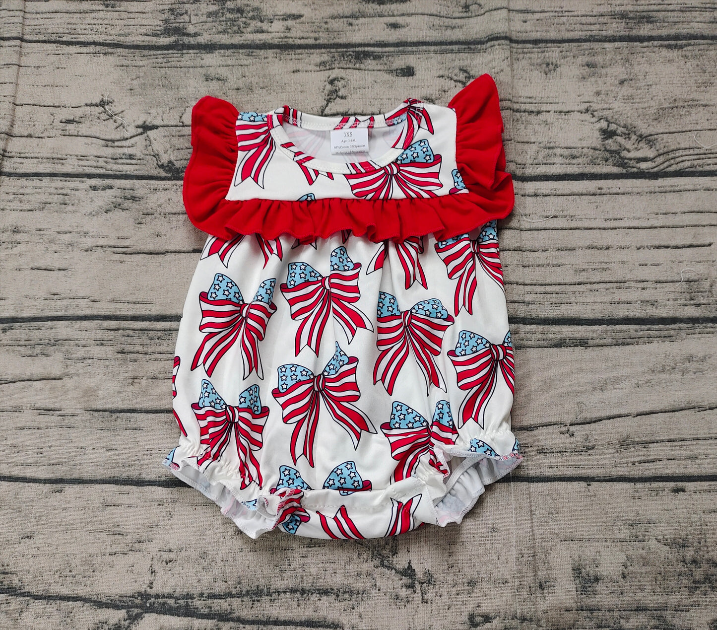 Red ruffle stars stripe bow baby girls 4th of july romper