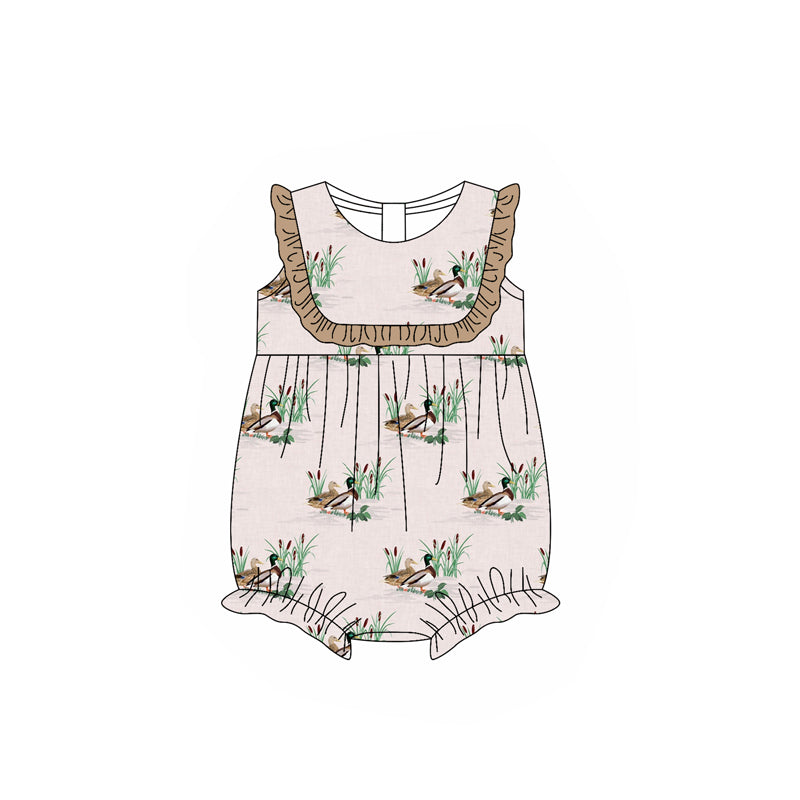 Khaki ruffle duck print baby girls summer romper