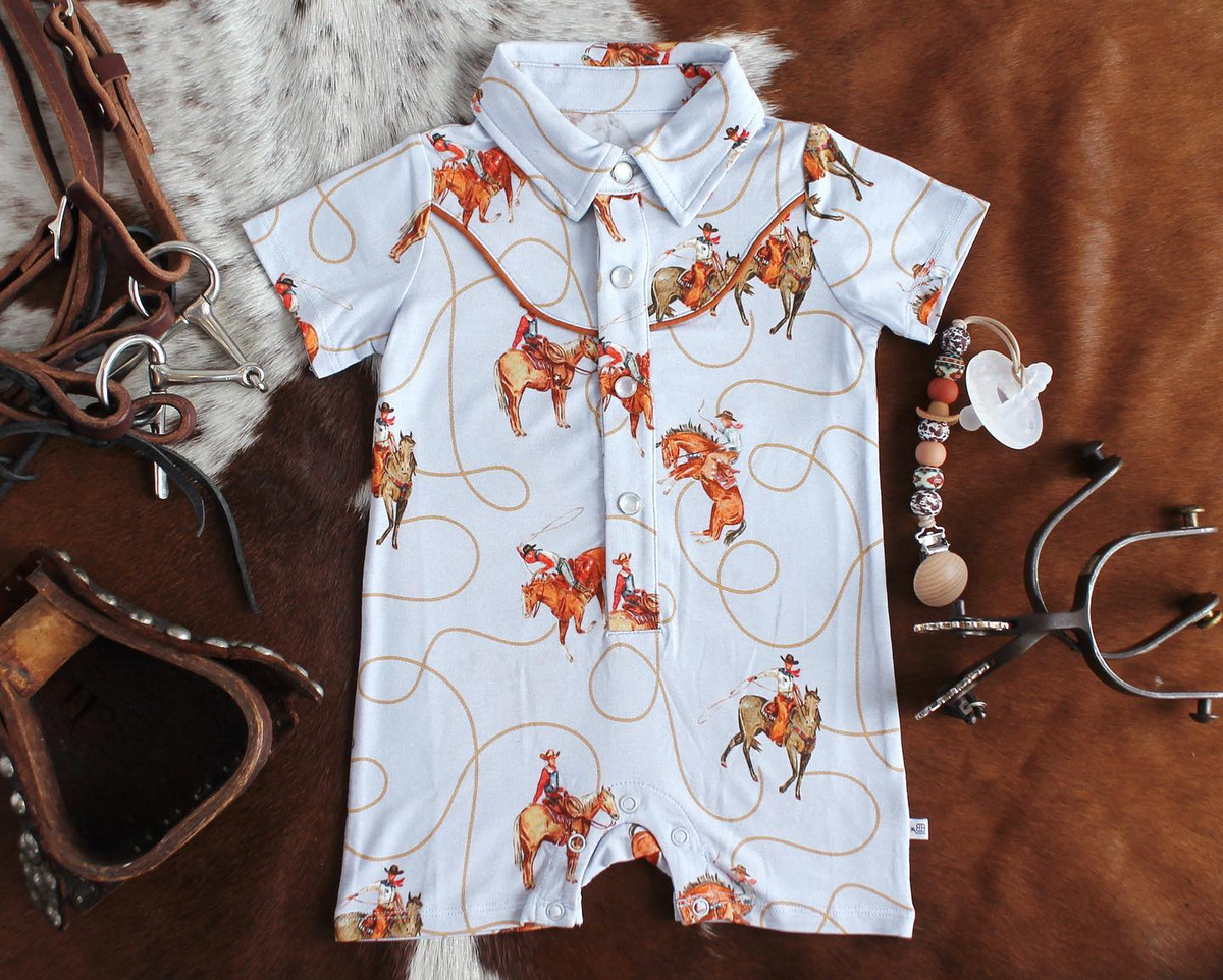 Short sleeves rodeo horse western baby boy polo romper – Western Kids ...