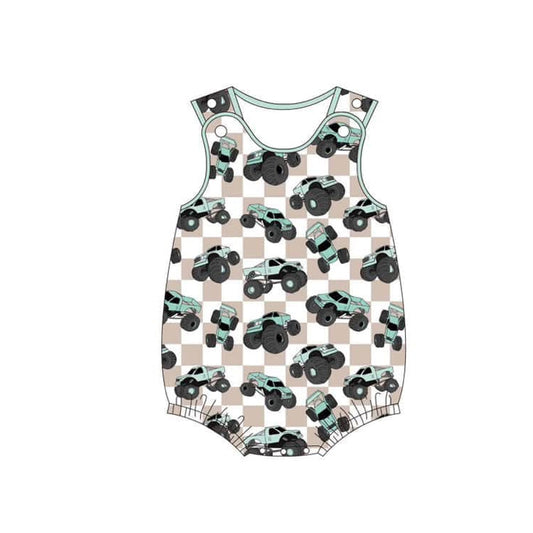 Sleeveless plaid trucks baby boy summer romper