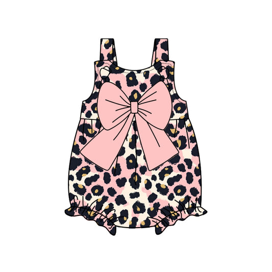 Peach bow leopard straps baby girls summer romper