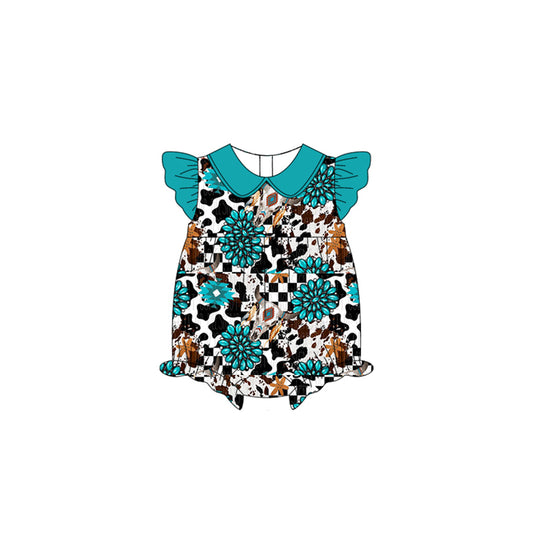 Flutter sleeves turquoise bull skull western baby romper