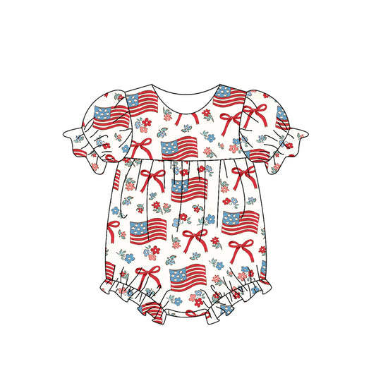 Short sleeves floral flag bow baby girls 4th of july romper